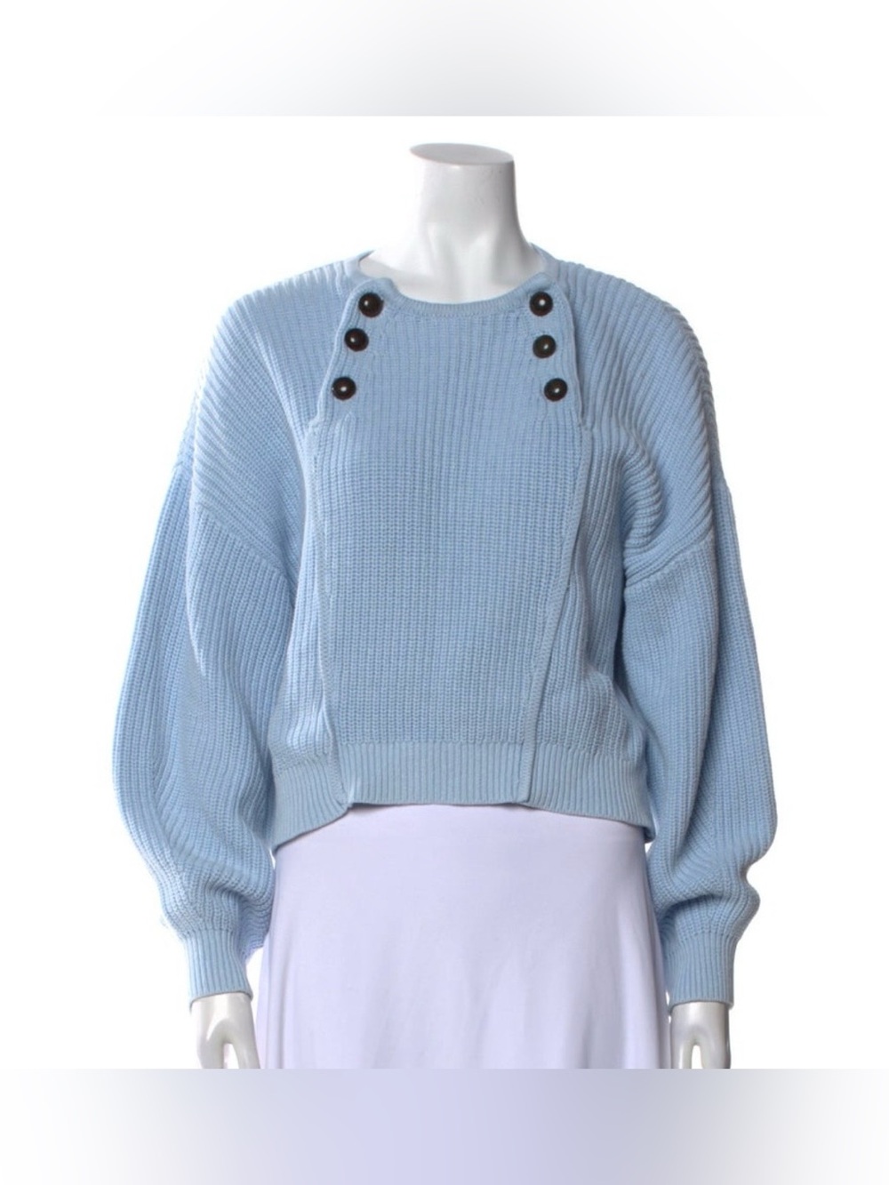 Rebecca Minkoff Pale Blue Ribbed Cropped Crewneck Sweater with Buttons
